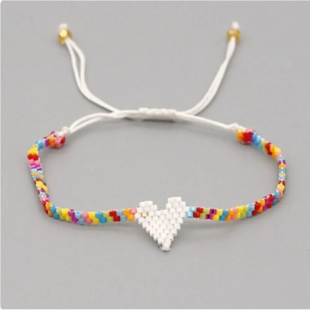 Miyuki Delica White and Rainbow Colored Heart Shaped Seed Bead Bracelet